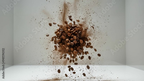 Explosion of ground coffee with roasted beans on white background