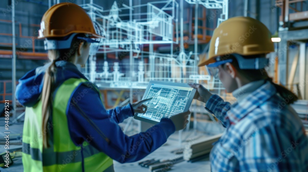 Architects use augmented reality software on tablet computers to visualize and plan construction projects. Detailed 3D models of the building are displayed in the holographic interface. Architects use augmented reality software on tablet computers to visualize and plan construction projects. Detailed 3D models of the building are displayed in the holographic interface.