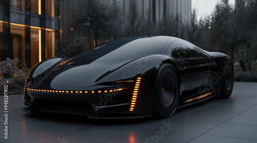A cutting-edge black sports car with sleek, aerodynamic design and LED lighting, showcased in a modern urban setting during twilight.