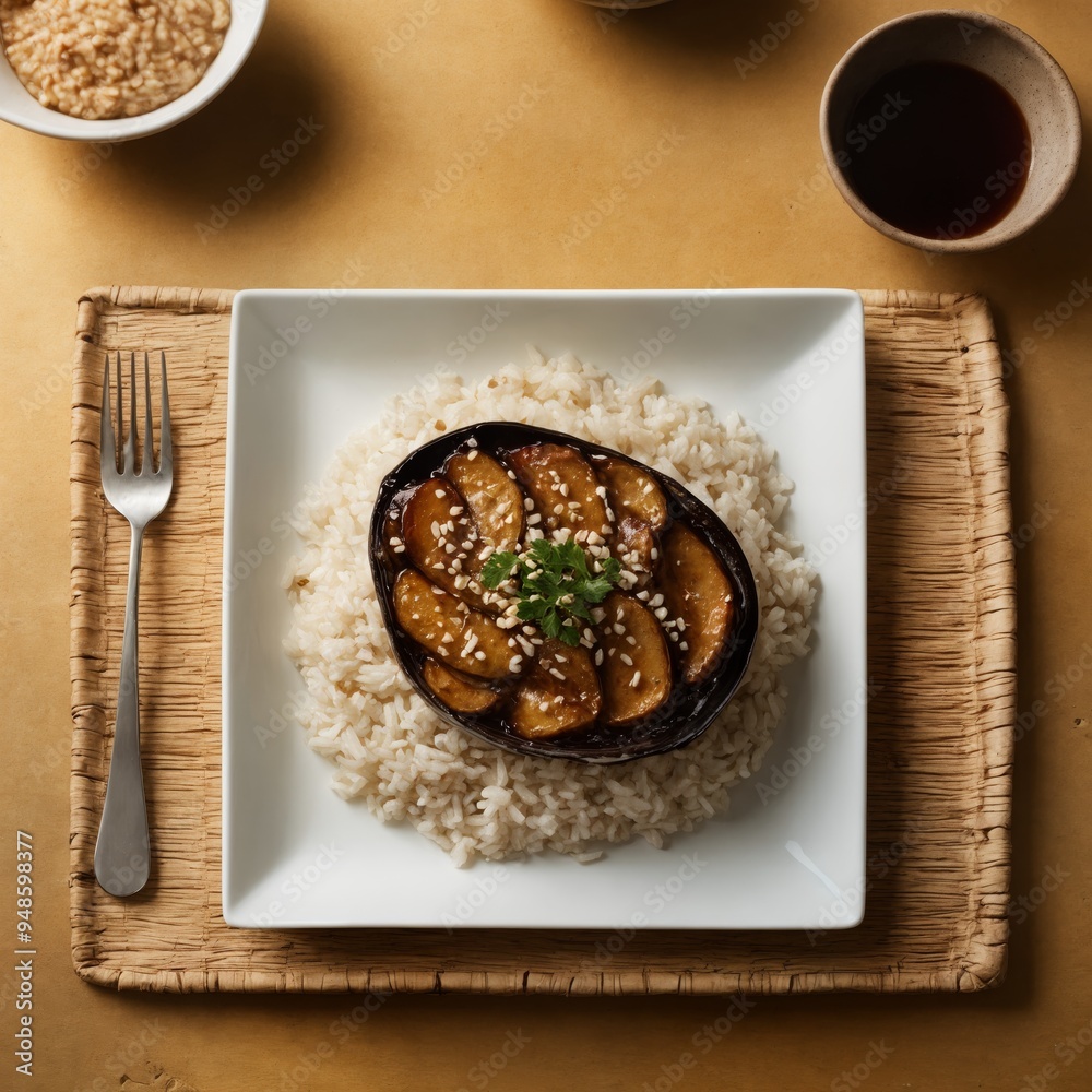 meal setting with a bowl of rice and a side of meat, garnished with sesame seeds, on a bamboo placemat. meal setting with a bowl of rice and a side of meat, garnished with sesame seeds, on a bamboo placemat.