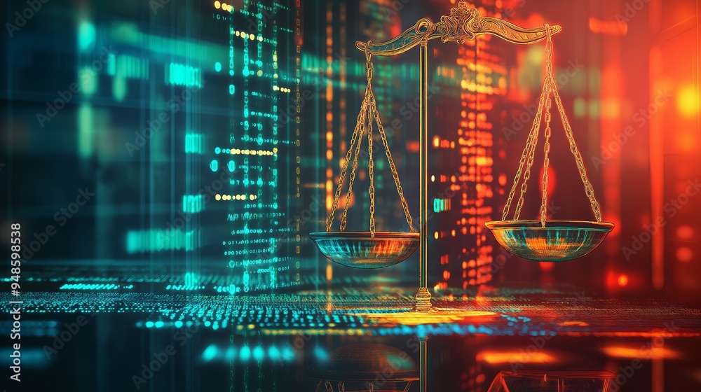 Fototapeta premium Law scales on background of data center. Digital law concept of duality of Judiciary, Jurisprudence and Justice and data in the modern world.
