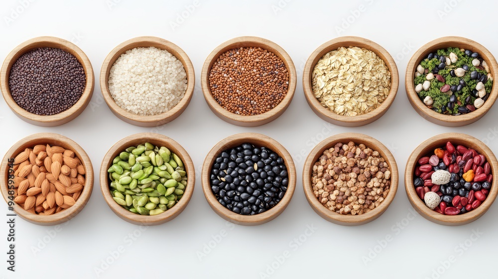 Aerial view of various bowls filled with colorful grains and seeds, perfect for cooking, nutrition, or healthy eating themes. Aerial view of various bowls filled with colorful grains and seeds, perfect for cooking, nutrition, or healthy eating themes.