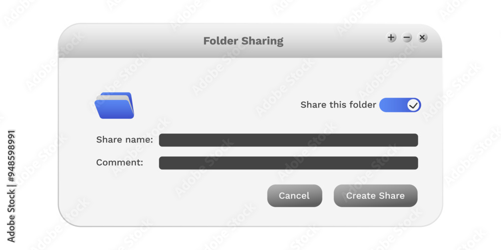 Modern folder sharing program in blue color with settings. Sharing documents software on screen. Modern folder sharing program in blue color with settings. Sharing documents software on screen.