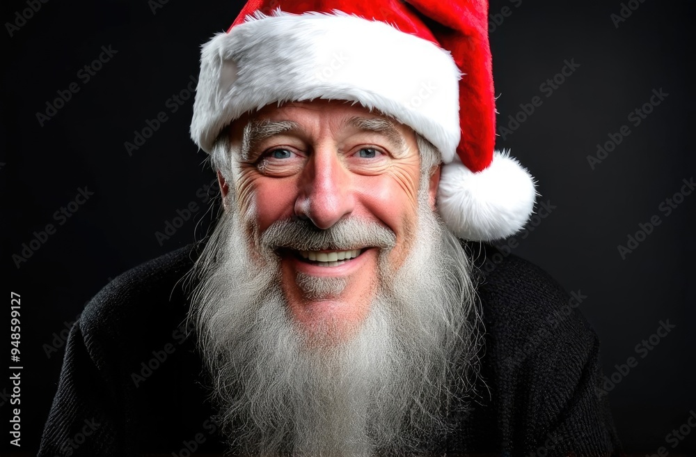 Close-up. Stylish portrait of a smiling Santa Claus with a white beard and a red hat on a black background. Close-up. Stylish portrait of a smiling Santa Claus with a white beard and a red hat on a black background.