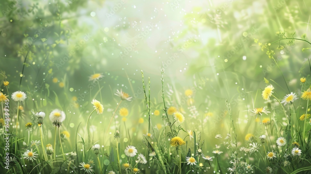 Fototapeta premium Sunlit Meadow with Dandelions and Wildflowers.