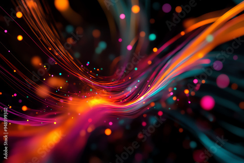 Vibrant abstract light trails and colorful dots on a dark background, creating a dynamic, futuristic and creative visual effect. photo