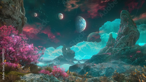 A vibrant, surreal landscape with glowing pink trees, rocky formations, and a cloudy sky adorned with multiple moons.