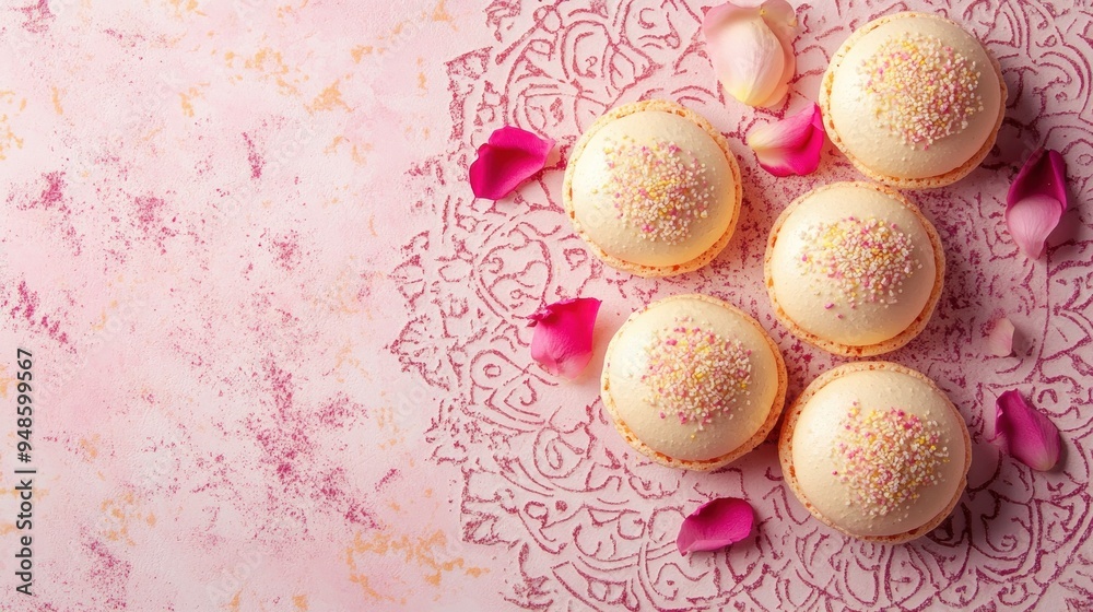 Pink macarons with sprinkles and rose petals on a pink background. Pink macarons with sprinkles and rose petals on a pink background.
