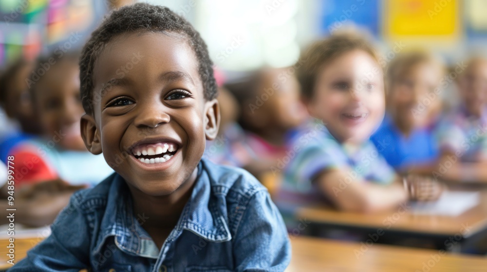 Happy boy in class at school