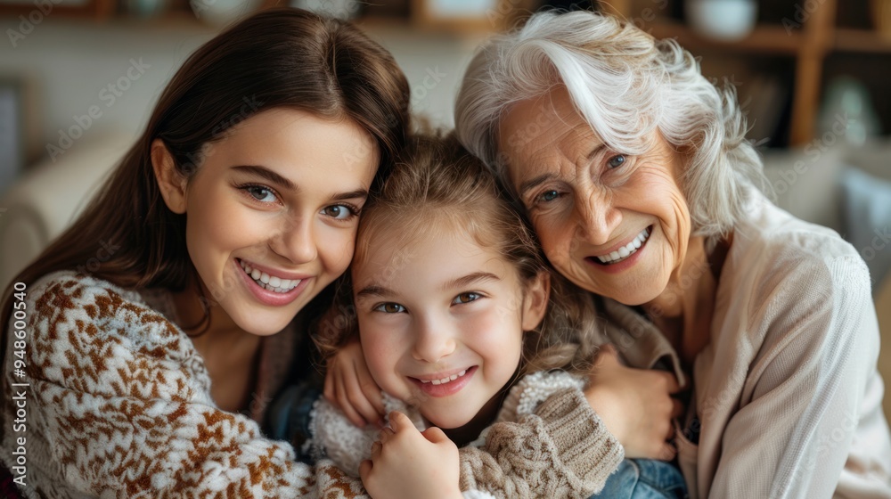 Happy young girl touching the cheek of a young mother and senior grandmother. Looking at the camera with a toothy smile, a cute child, mother and grandmother sit nearby. Take a family photo Happy young girl touching the cheek of a young mother and senior grandmother. Looking at the camera with a toothy smile, a cute child, mother and grandmother sit nearby. Take a family photo