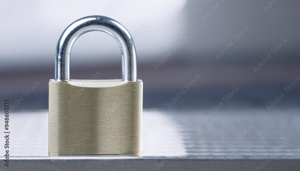 Naklejka premium Stainless steel padlock on metal surface. Blurred backdrop.