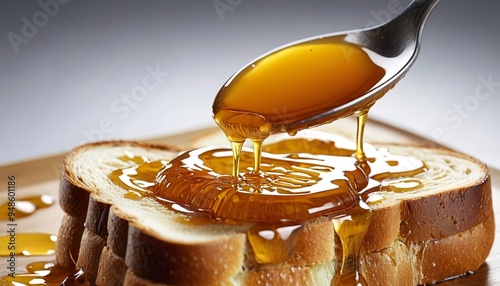 A close-up slow-motion shot of honey dripping from a spoon onto toast, with the golden liquid stretching and forming intricate patterns as it lands, emphasizing the sweetness and texture, Generative A