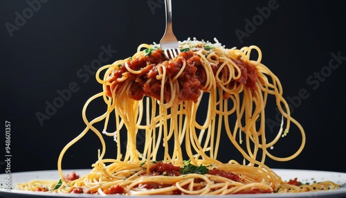 A slow-motion depiction of spaghetti being twirled on a fork, with strands gracefully winding around and sauce splashing, capturing the elegance and messiness of the dish, Generative AI