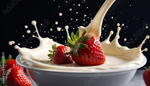 A dramatic slow-motion shot of a strawberry being dropped into a bowl of cream, with the cream splashing and the berry bouncing, highlighting the contrast and freshness, Generative AI