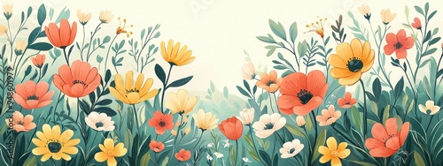 An illustration of a charity event during spring, with blooming flowers and space for seasonal text. Art style: Bright, pastel colors, spring theme