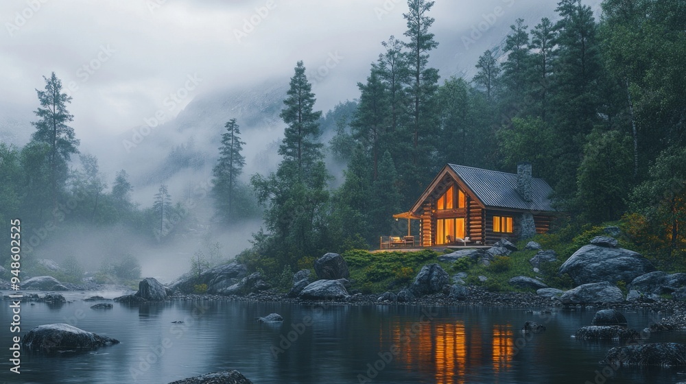 Fototapeta premium A cabin is surrounded by trees and a body of water