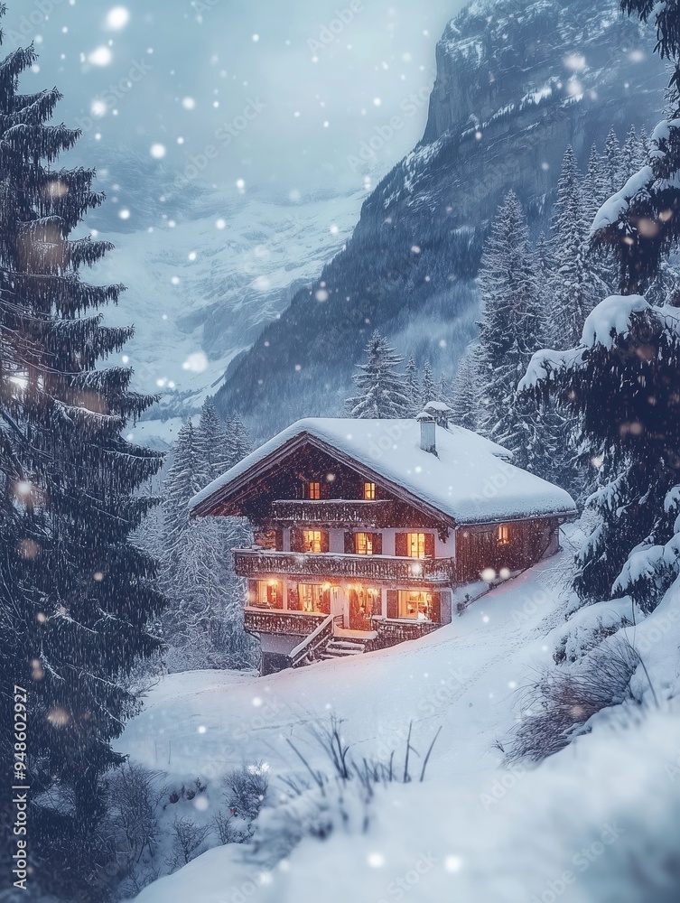 A cozy wooden chalet nestled in a snow-covered forest during a serene winter evening with softly glowing lights A cozy wooden chalet nestled in a snow-covered forest during a serene winter evening with softly glowing lights