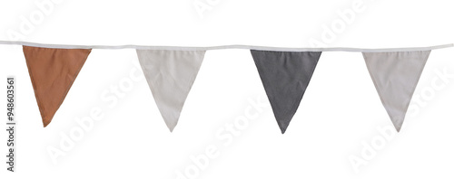 Orange, black, white textile bunting flags isolated on transparen background. Simple pastel fabric birthday garden party flags decor. Summer, autumn or Halloween holiday decoration, festive web banner photo