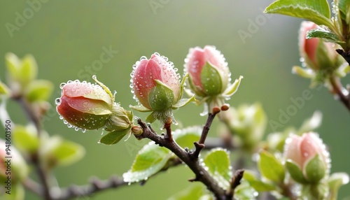A slow-motion sequence of young apple buds emerging from their protective sheaths, with morning dew glistening on the tender new growth, symbolizing the fresh beginnings of spring, Generative AI