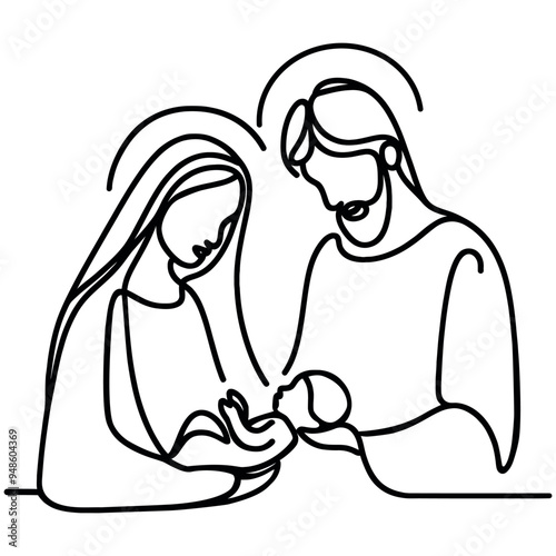 Biblical stories, Joseph and virgin Mary with Jesus Christ in her arms. Vector illustration, continuous one line drawing