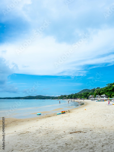 Seascape view with white sand, quiet beach, clear sea water, blue sky in summer of Koh Samet (Samet Isalnd) in Thailand