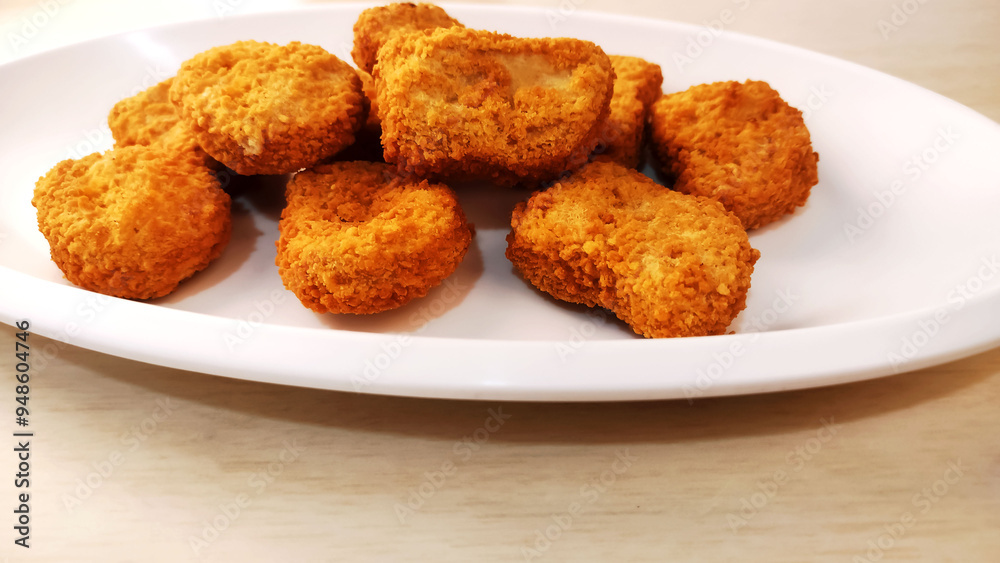 Chicken breast fillet in a crispy breading known as Nuggets on a white plate
Chicken breast fillet in a crispy breading known as Nuggets on a white plate