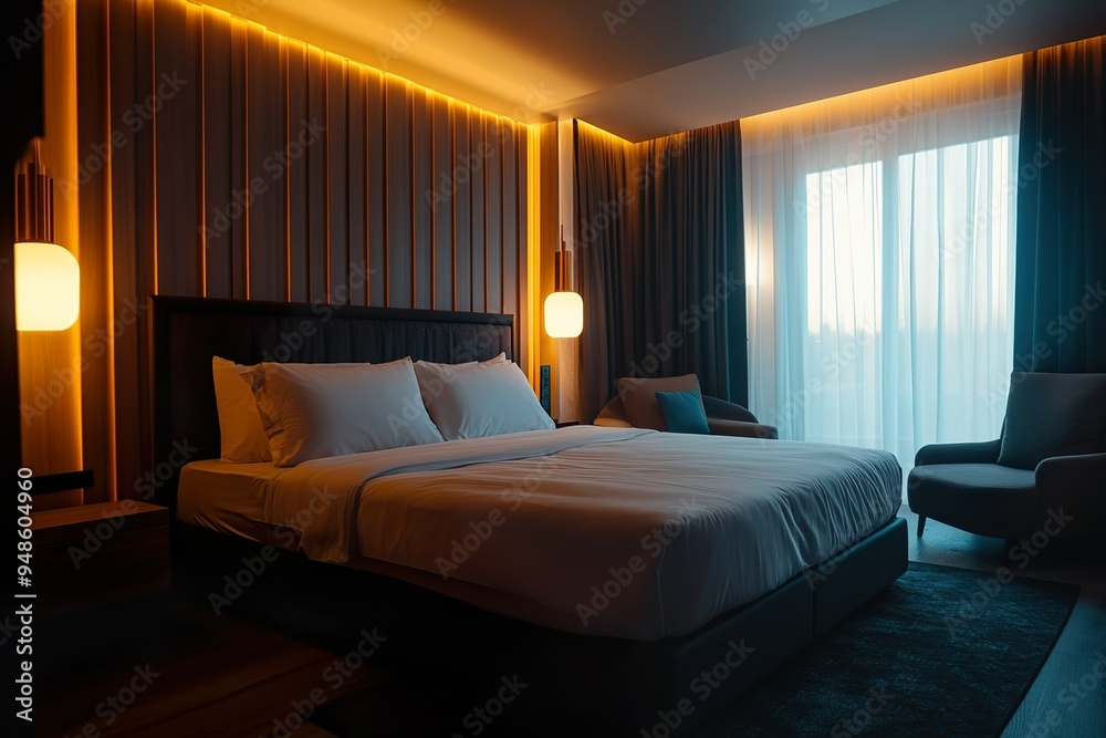 Cozy Modern Hotel Bedroom with Warm Lighting and Large Window with Curtains Cozy Modern Hotel Bedroom with Warm Lighting and Large Window with Curtains