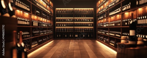 Cozy wine cellar with wooden shelves filled with assorted wine bottles. Soft lighting enhances the warm ambiance and inviting atmosphere.