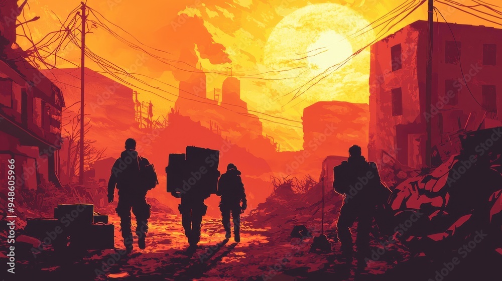 Fototapeta premium Volunteers delivering supplies to a disaster-stricken area, with a sunrise symbolizing hope in the background. The art style is detailed with warm colors, and space at the top for text