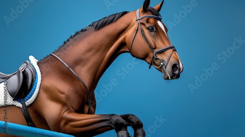 A stunning close-up of a horse showcasing its elegance and strength against a vibrant blue background.
