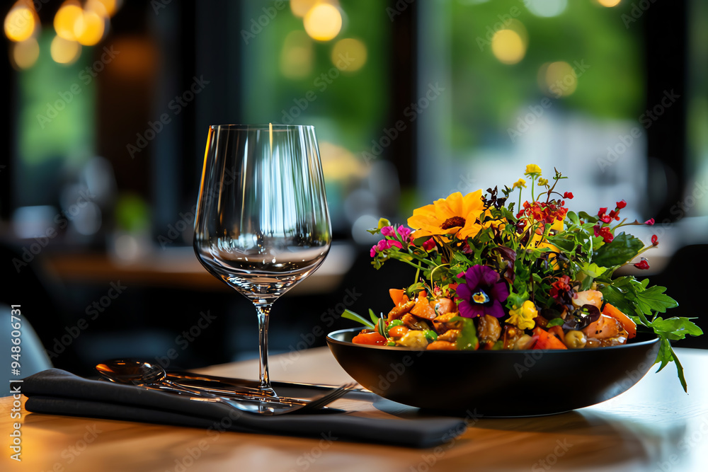 Elegant dining setup featuring a gourmet salad with vibrant flowers and a wine glass, perfect for a fine dining experience. Elegant dining setup featuring a gourmet salad with vibrant flowers and a wine glass, perfect for a fine dining experience.