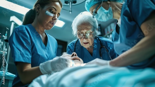Wallpaper Mural Nurse putting drip on elderly patient lying on gurney while being examined by experienced woman doctor. Medical assistants will take injured woman to her medical Torontodigital.ca