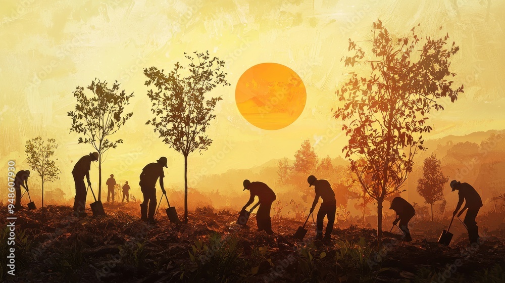 Volunteers planting trees in a devastated forest area, with a rising sun symbolizing hope in the background