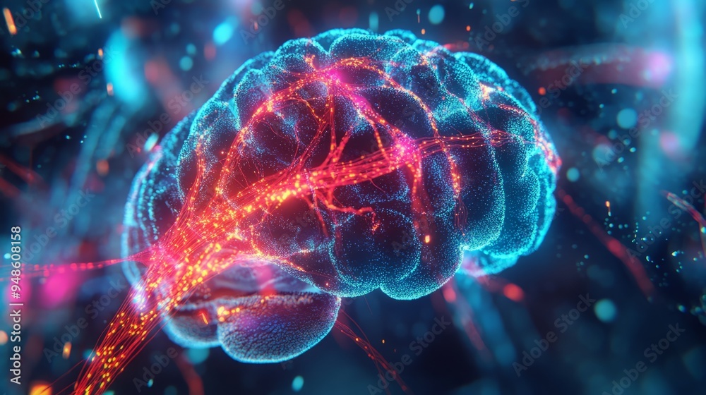A digital rendering of the human brain with glowing neural pathways. A digital rendering of the human brain with glowing neural pathways.