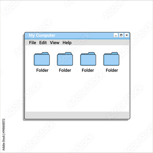 Old file explorer program in blue color with files and folders. User interface in retro style.