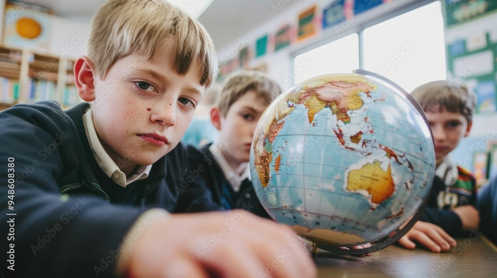 Pupils in school working and learning with globe model Pupils in school working and learning with globe model