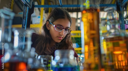 Schoolgirl in a chemical laboratory at a class of chemistry