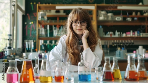 Schoolgirl in a chemical laboratory at a class of chemistry