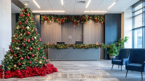 A beautifully decorated office lobby showcases a Christmas tree and elegant holiday greenery, creating a warm festive atmosphere for visitors photo