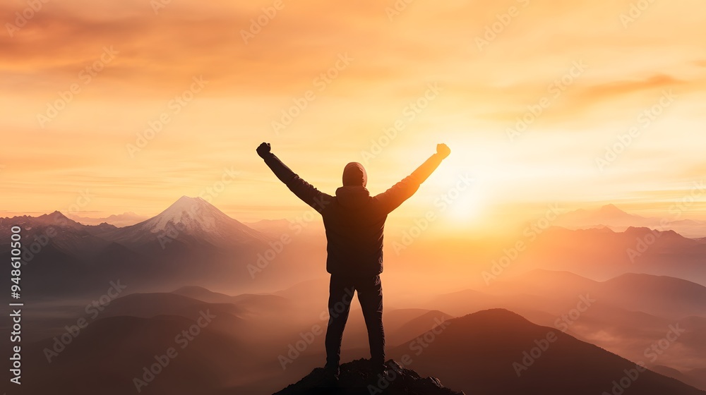 A person triumphantly raises their arms against a stunning sunset backdrop, symbolizing achievement and freedom in nature. A person triumphantly raises their arms against a stunning sunset backdrop, symbolizing achievement and freedom in nature.