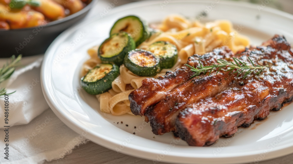 White plate with ribs, zucchini, and pasta in a clean, minimalist style White plate with ribs, zucchini, and pasta in a clean, minimalist style