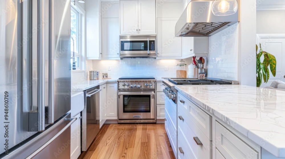 Create an image of a modern kitchen featuring sleek stainless steel appliances, including a refrigerator, oven, and dishwasher, all set in a stylish, contemporary design. Create an image of a modern kitchen featuring sleek stainless steel appliances, including a refrigerator, oven, and dishwasher, all set in a stylish, contemporary design.