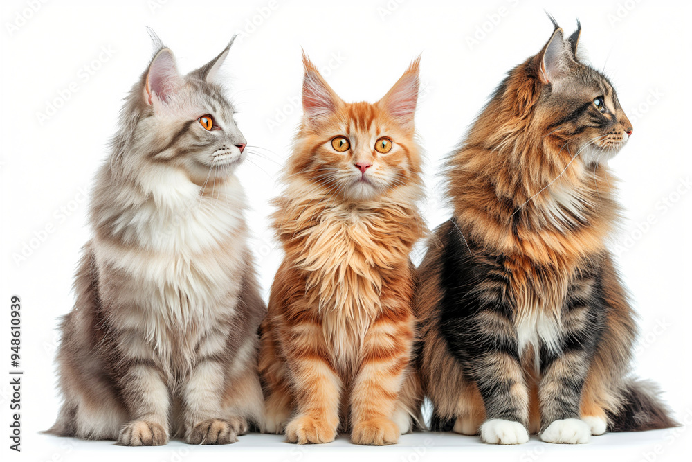 Three Maine Coon cats red, tortoiseshell and silver adults sit on a light background Three Maine Coon cats red, tortoiseshell and silver adults sit on a light background