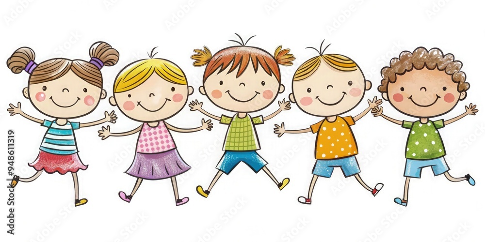 Adorable cartoon children's drawing featuring a diverse group of smiling kids holding hands and jumping in the air, colorful and playful style on a white background, simple hand-drawn lines and shapes Adorable cartoon children's drawing featuring a diverse group of smiling kids holding hands and jumping in the air, colorful and playful style on a white background, simple hand-drawn lines and shapes