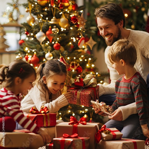 This heartwarming scene captures a delighted family celebrating Christmas together around a sparkling tree, unwrapping gifts and sharing smiles against a backdrop of festive decorations and soft light
