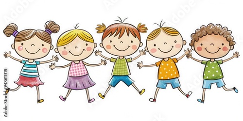 Adorable cartoon children's drawing featuring a diverse group of smiling kids holding hands and jumping in the air, colorful and playful style on a white background, simple hand-drawn lines and shapes