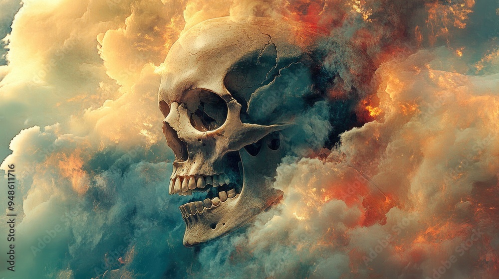 A Human Skull Emerging from a Fiery and Cloudy Sky A Human Skull Emerging from a Fiery and Cloudy Sky