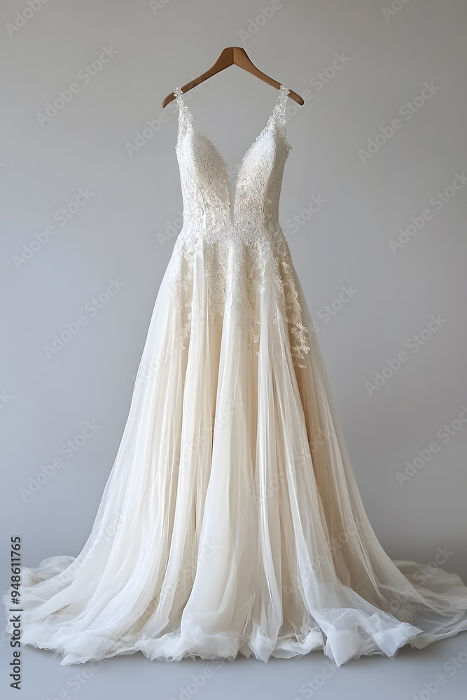 White wedding dress isolated on light grey background White wedding dress isolated on light grey background