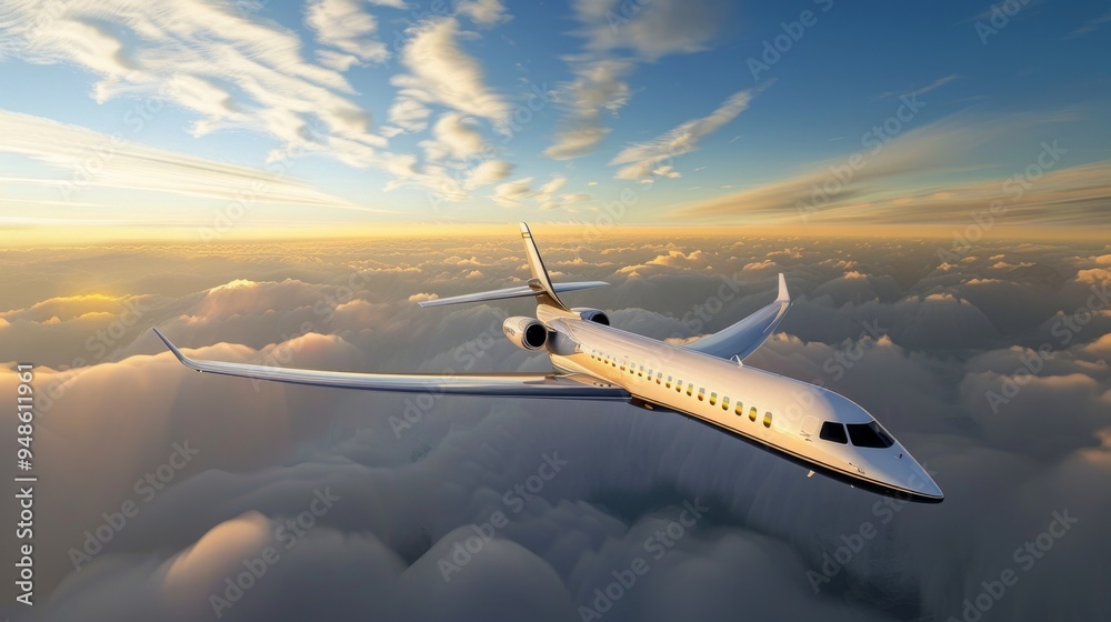 Fototapeta premium Create an image of a sleek, modern commercial airplane soaring through a clear blue sky, with fluffy white clouds and a golden sunset in the background.