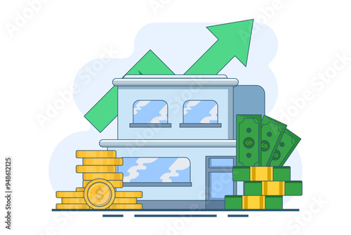Real estate concept and stack of coins. saving money for a house, property financing concept, investing money. Investment in construction. Budget concept for construction costs. Vector Illustration.